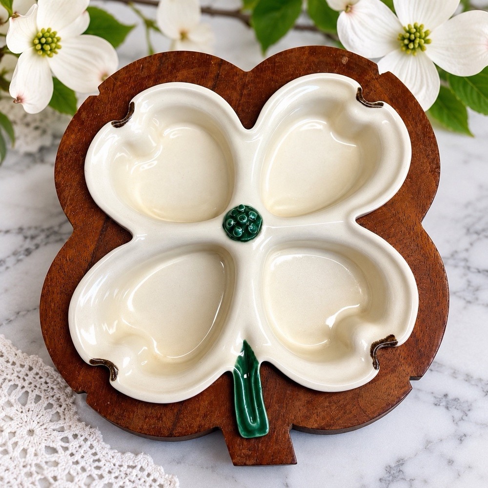 Vintage 1956 W.H. Davis Dogwood Flower Ceramic Divided Dish Wood Base 5"